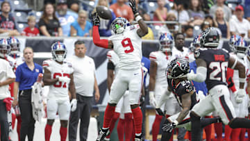 Aug 17, 2024; Houston, Texas, USA; New York Giants wide receiver Malik Nabers (9) attempts to catch a pass during the first quarter against the Houston Texans at NRG Stadium. Mandatory Credit: Troy Taormina-USA TODAY Sports