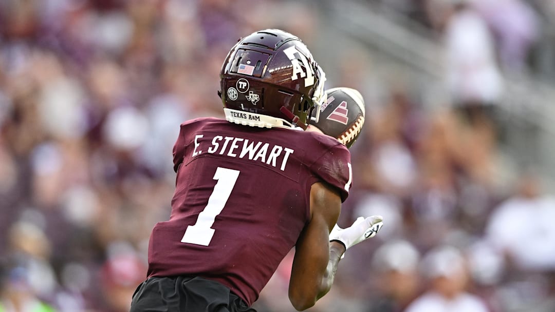 Sep 2, 2023; College Station, Texas, USA; Texas A&M Aggies wide receiver Evan Stewart (1) receives a touchdown pass from quarterback Conner Weigman (not pictured) during the second quarter against the New Mexico Lobos at Kyle Field. Mandatory Credit: Maria Lysaker-Imagn Images