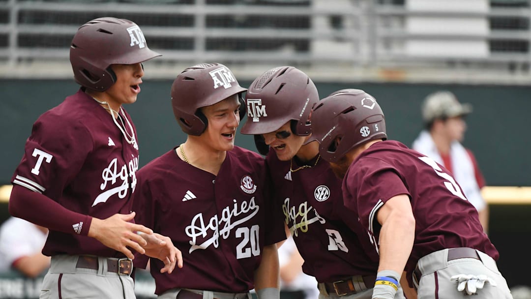 April 19, 2024; Tuscaloosa, AL, USA; Texas A&M players celebrate a grand slam homer by Caden Sorrell during the game with Alabama at Sewell-Thomas Stadium in the first game of a double header Friday. From left are Ali Camarillo, Jackson Appel, Sorrell, and Hayden Schott.