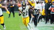 Oct 13, 2024; Paradise, Nevada, USA; Pittsburgh Steelers running back Najee Harris (22) gains yardage down the sidelines against the Las Vegas Raiders during the third quarter at Allegiant Stadium. Mandatory Credit: Stephen R. Sylvanie-Imagn Images