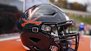 Nov 5, 2022; Charlottesville, Virginia, USA; A general view of a Virginia Cavaliers helmet on the sideline during the game between the Virginia Cavaliers and the North Carolina Tar Heels at Scott Stadium. Mandatory Credit: Scott Taetsch-Imagn Images