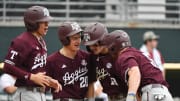 April 19, 2024; Tuscaloosa, AL, USA; Texas A&M players celebrate a grand slam homer by Caden Sorrell during the game with Alabama at Sewell-Thomas Stadium in the first game of a double header Friday. From left are Ali Camarillo, Jackson Appel, Sorrell and Hayden Schott.