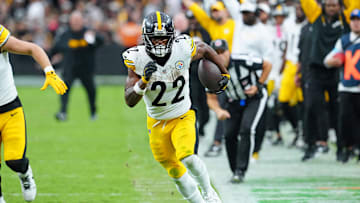 Oct 13, 2024; Paradise, Nevada, USA; Pittsburgh Steelers running back Najee Harris (22) gains yardage down the sidelines against the Las Vegas Raiders during the third quarter at Allegiant Stadium. Mandatory Credit: Stephen R. Sylvanie-Imagn Images