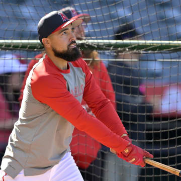 Apr 6, 2024; Anaheim, California, USA; Los Angeles Angels third base Anthony Rendon (6) takes batting practice prior to the game against the Boston Red Sox at Angel Stadium. Mandatory Credit: Jayne Kamin-Oncea-USA TODAY Sports