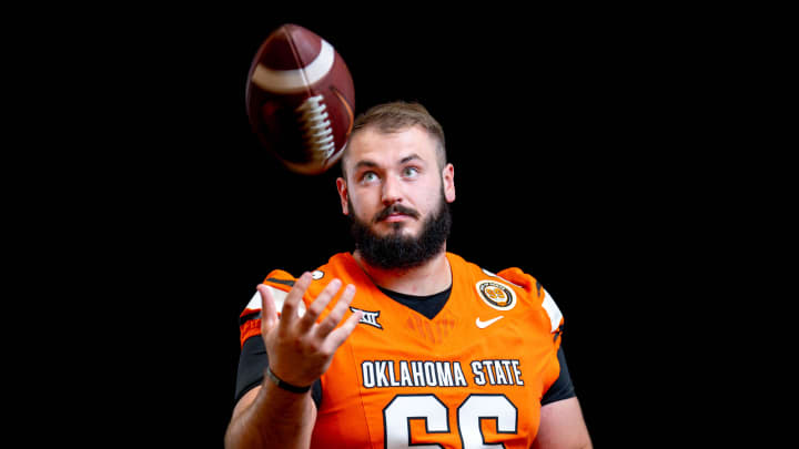 Joe Michalski (66) is pictured during the Oklahoma State football media day in Stillwater, Okla., on Saturday, Aug. 3, 2024.