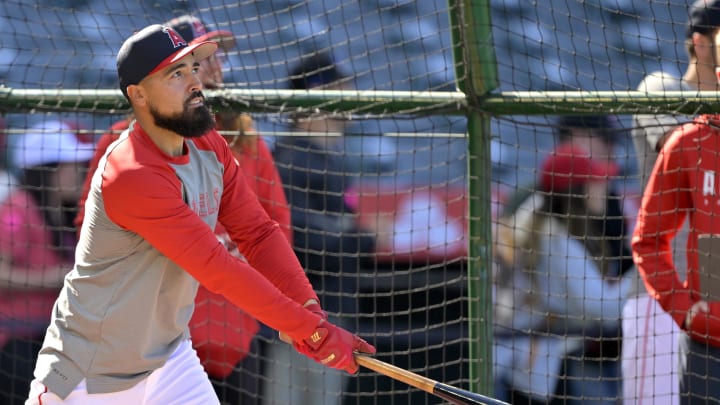 Apr 6, 2024; Anaheim, California, USA; Los Angeles Angels third base Anthony Rendon (6) takes batting practice prior to the game against the Boston Red Sox at Angel Stadium. Mandatory Credit: Jayne Kamin-Oncea-USA TODAY Sports