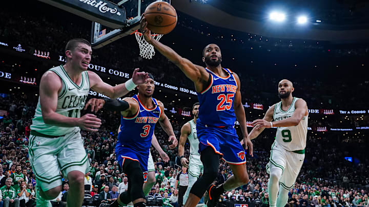 May 5, 2025; Boston, Massachusetts, USA; New York Knicks forward Mikal Bridges (25) works for the ball against Boston Celtics guard Payton Pritchard (11) in the third quarter during game one of the second round for the 2025 NBA Playoffs at TD Garden. Mandatory Credit: David Butler II-Imagn Images May 5, 2025; Boston, Massachusetts, USA; New York Knicks forward Mikal Bridges (25) works for the ball against Boston Celtics guard Payton Pritchard (11) in the third quarter during game one of the second round for the 2025 NBA Playoffs at TD Garden. Mandatory Credit: David Butler II-Imagn Images