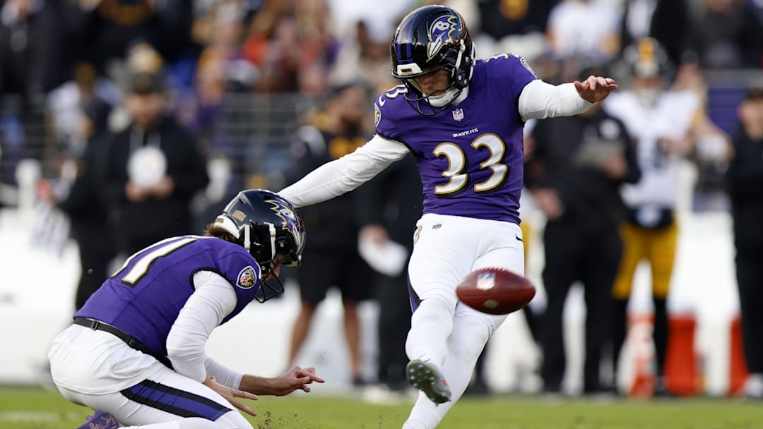 Dec 7, 2025; Baltimore, Maryland, USA; Baltimore Ravens place kicker Tyler Loop (33) kicks a field goal against the Pittsburgh Steelers during the second half at M&T Bank Stadium. Mandatory Credit: Peter Casey-Imagn Images
