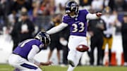 Dec 7, 2025; Baltimore, Maryland, USA; Baltimore Ravens place kicker Tyler Loop (33) kicks a field goal against the Pittsburgh Steelers during the second half at M&T Bank Stadium. Mandatory Credit: Peter Casey-Imagn Images