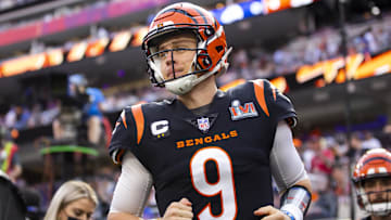Feb 13, 2022; Inglewood, CA, USA; Cincinnati Bengals quarterback Joe Burrow (9) against the Los Angeles Rams during Super Bowl LVI at SoFi Stadium. Mandatory Credit: Mark J. Rebilas-Imagn Images