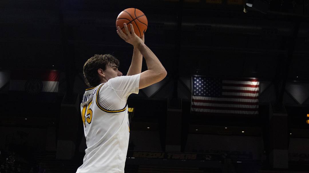 Nov 9, 2025; Columbia, Missouri, USA; Missouri Tigers forward Luke Northweather (45) attempts a shot during a game against the VMI Keydets. Nov 9, 2025; Columbia, Missouri, USA; Missouri Tigers forward Luke Northweather (45) attempts a shot during a game against the VMI Keydets.