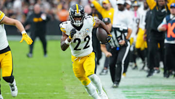 Oct 13, 2024; Paradise, Nevada, USA; Pittsburgh Steelers running back Najee Harris (22) gains yardage down the sidelines against the Las Vegas Raiders during the third quarter at Allegiant Stadium. Mandatory Credit: Stephen R. Sylvanie-Imagn Images