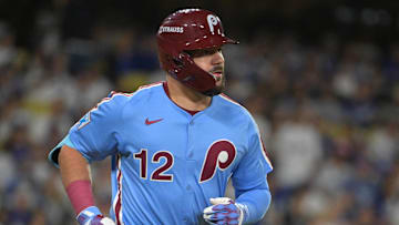 Oct 8, 2025; Los Angeles, California, USA; Philadelphia Phillies designated hitter Kyle Schwarber (12) rounds the bases hitting a solo home run off Los Angeles Dodgers pitcher Yoshinobu Yamamoto (18) during the fourth inning of game three of the NLDS during the 2025 MLB playoffs at Dodger Stadium. Mandatory Credit: Jayne Kamin-Oncea-Imagn Images