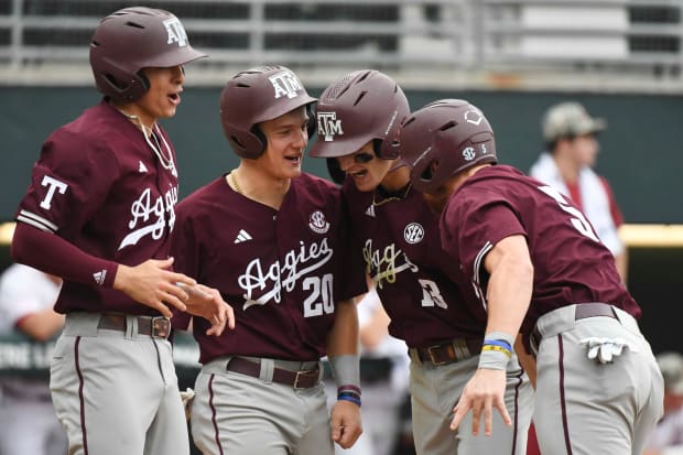 Texas A&M players celebrate a grand slam homer by Caden Sorrell during the game with Alabama at Sewell-Thomas Stadium.