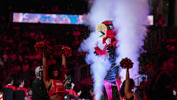 Atlanta Hawks mascot Harry the Hawk shown on the court prior tot he game against the LA Clippers at State Farm Arena. 