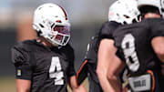 Oklahoma State quarterback Hauss Hejny is pictured during a Spring football practice at Oklahoma State University in Stillwater, Okla., Tuesday, April, 8, 2025.