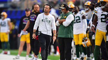 Oct 6, 2024; Inglewood, California, USA; Green Bay Packers head coach Matt LaFleur watches game action against the Los Angeles Rams during the second half at SoFi Stadium. Mandatory Credit: Gary A. Vasquez-Imagn Images