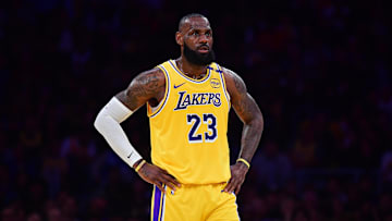 Apr 30, 2025; Los Angeles, California, USA; Los Angeles Lakers forward LeBron James (23) reacts during the first half in game five of first round for the 2025 NBA Playoffs at Crypto.com Arena. Mandatory Credit: Gary A. Vasquez-Imagn Images