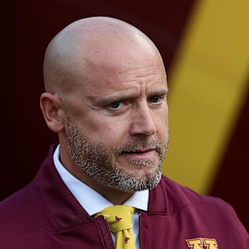 Oct 11, 2025; Minneapolis, Minnesota, USA; Minnesota Golden Gophers head coach P.J. Fleck looks on before the game against the Purdue Boilermakers at Huntington Bank Stadium. Mandatory Credit: Matt Krohn-Imagn Images