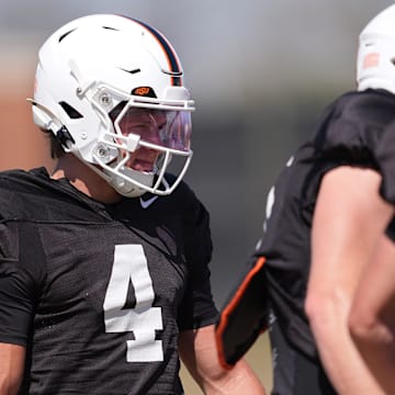 Oklahoma State quarterback Hauss Hejny is pictured during a Spring football practice at Oklahoma State University in Stillwater, Okla., Tuesday, April, 8, 2025.