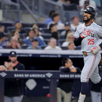Aug 11, 2025; Bronx, New York, USA; Minnesota Twins center fielder Byron Buxton (25) rounds the bases after hitting a solo home run against the New York Yankees during the sixth inning at Yankee Stadium. Mandatory Credit: Brad Penner-Imagn Images