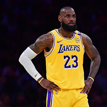 LeBron James puts his hands on his hips during a Lakers game.