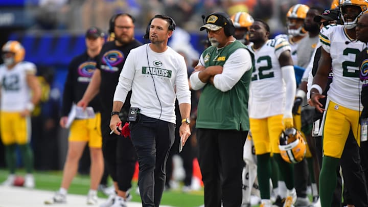 Oct 6, 2024; Inglewood, California, USA; Green Bay Packers head coach Matt LaFleur watches game action against the Los Angeles Rams during the second half at SoFi Stadium. Mandatory Credit: Gary A. Vasquez-Imagn Images