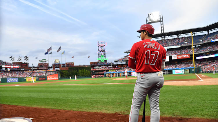 Aug 28, 2023; Philadelphia, Pennsylvania, USA; Los Angeles Angels designated hitter Shohei Ohtani