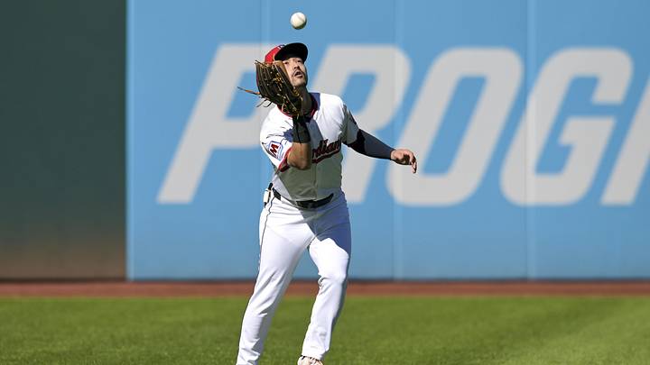 Oct 1, 2025: Cleveland Guardians outfielder Steven Kwan (38) makes a catch on a hit by Detroit Tigers outfielder Parker Meadows (22) in the fifth inning during game two of the Wildcard round for the 2025 MLB playoffs at Progressive Field. 