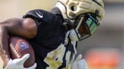 Jul 31, 2023; Metairie, LA, USA; New Orleans Saints running back Alvin Kamara (41) during training camp at the Ochsner Sports Performance Center. Mandatory Credit: Stephen Lew-USA TODAY Sports