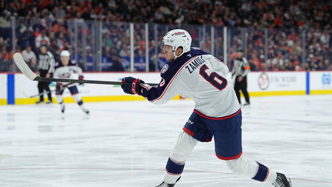 Mar 14, 2026; Philadelphia, Pennsylvania, USA; Columbus Blue Jackets defenseman Egor Zamula (6) shoots the puck against the Philadelphia Flyers in the first period at Xfinity Mobile Arena. Mandatory Credit: Kyle Ross-Imagn Images