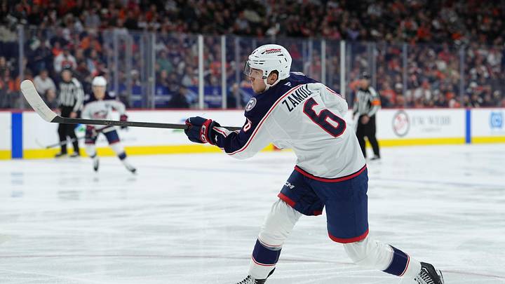 Mar 14, 2026; Philadelphia, Pennsylvania, USA; Columbus Blue Jackets defenseman Egor Zamula (6) shoots the puck against the Philadelphia Flyers in the first period at Xfinity Mobile Arena. Mandatory Credit: Kyle Ross-Imagn Images