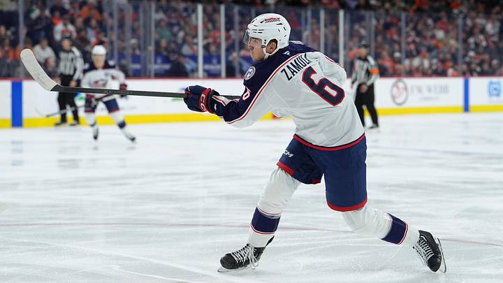 Mar 14, 2026; Philadelphia, Pennsylvania, USA; Columbus Blue Jackets defenseman Egor Zamula (6) shoots the puck against the Philadelphia Flyers in the first period at Xfinity Mobile Arena. Mandatory Credit: Kyle Ross-Imagn Images