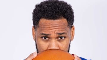 Oct 2, 2023; Detroit, MI, USA; Detroit Pistons guard Monte Morris (5) poses for pictures on media