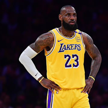 Apr 30, 2025; Los Angeles, California, USA; Los Angeles Lakers forward LeBron James (23) reacts during the first half in game five of first round for the 2025 NBA Playoffs at Crypto.com Arena. Mandatory Credit: Gary A. Vasquez-Imagn Images