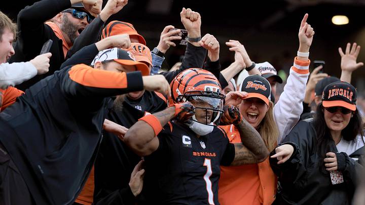 Dec 28, 2025; Cincinnati, Ohio, USA; Cincinnati Bengals wide receiver Ja'Marr Chase (1) celebrates after a touchdown against the Arizona Cardinals during the first half at Paycor Stadium. Mandatory Credit: Katie Stratman-Imagn Images