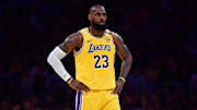 Apr 30, 2025; Los Angeles, California, USA; Los Angeles Lakers forward LeBron James (23) reacts during the first half in game five of first round for the 2025 NBA Playoffs at Crypto.com Arena. Mandatory Credit: Gary A. Vasquez-Imagn Images