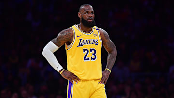 Los Angeles Lakers forward LeBron James reacts during the first half in game five of first round for the 2025 NBA Playoffs at Crypto.com Arena. 