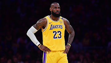 Apr 30, 2025; Los Angeles, California, USA; Los Angeles Lakers forward LeBron James (23) reacts during the first half in game five of first round for the 2025 NBA Playoffs at Crypto.com Arena. Mandatory Credit: Gary A. Vasquez-Imagn Images