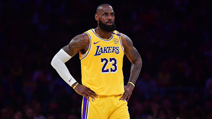 Apr 30, 2025; Los Angeles, California, USA; Los Angeles Lakers forward LeBron James (23) reacts during the first half in game five of first round for the 2025 NBA Playoffs at Crypto.com Arena. Mandatory Credit: Gary A. Vasquez-Imagn Images