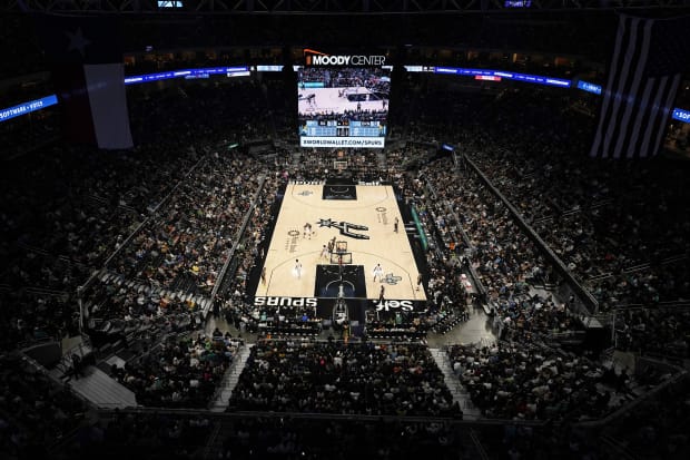 Overall view of the Moody Center during the second half of a game between the San Antonio Spurs and the Brooklyn Nets.