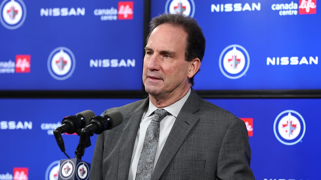 Dec 29, 2025; Winnipeg, Manitoba, CAN; Winnipeg Jets head coach Scott Arniel talks to the media after a game against the Edmonton Oilers at Canada Life Centre. Mandatory Credit: James Carey Lauder-Imagn Images