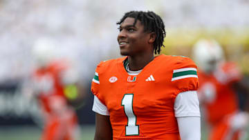 Nov 9, 2024; Atlanta, Georgia, USA; Miami Hurricanes quarterback Cam Ward (1) on the sideline against the Georgia Tech Yellow Jackets in the first quarter at Bobby Dodd Stadium at Hyundai Field. Mandatory Credit: Brett Davis-Imagn Images