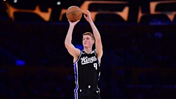 Dec 28, 2024; Los Angeles, California, USA; Sacramento Kings guard Kevin Huerter (9) shoots against the Los Angeles Lakers during the first half at Crypto.com Arena. Mandatory Credit: Gary A. Vasquez-Imagn Images