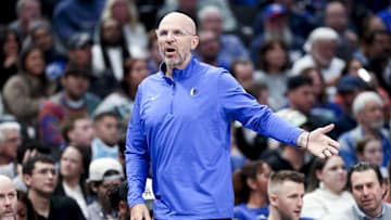 Feb 27, 2025; Dallas, Texas, USA;  Dallas Mavericks head coach Jason Kidd reacts during the game against the Charlotte Hornets at American Airlines Center. Mandatory Credit: Kevin Jairaj-Imagn Images