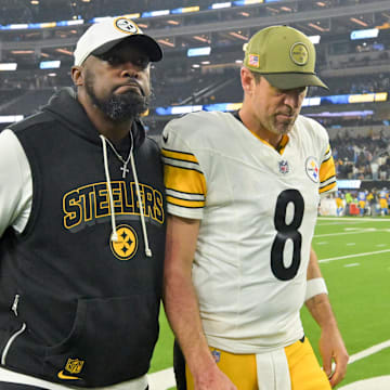 Nov 9, 2025; Inglewood, California, USA; Pittsburgh Steelers head coach Mike Tomlin and quarterback Aaron Rodgers (8) walk off the field after the game against the Los Angeles Chargers at SoFi Stadium. Mandatory Credit: Jayne Kamin-Oncea-Imagn Images