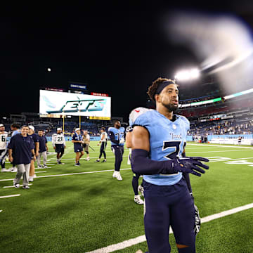 Tennessee Titans safety Jamal Adams (33) leaves the field after celebrating a win over the Seattle Seahawks at Nissan Stadium. 