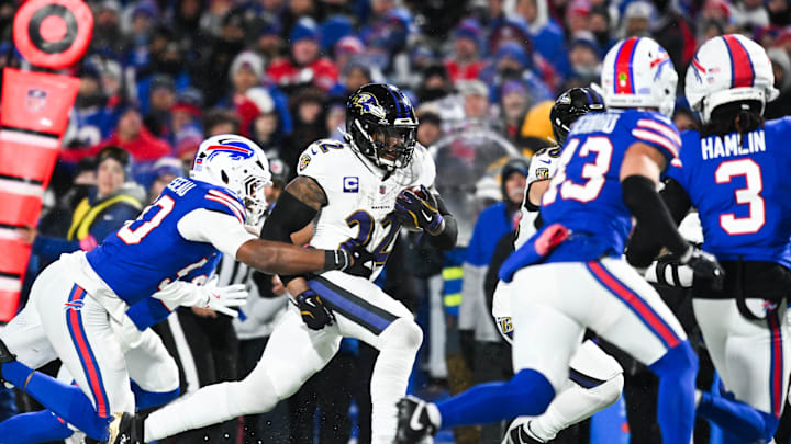 Baltimore Ravens running back Derrick Henry runs the ball during the fourth quarter against the Buffalo Bills. Baltimore Ravens running back Derrick Henry runs the ball during the fourth quarter against the Buffalo Bills.