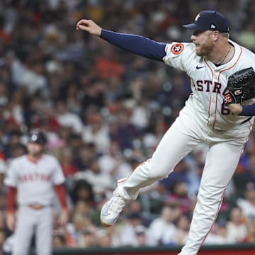 Aug 20, 2024; Houston, Texas, USA; Houston Astros relief pitcher Kaleb Ort (63) delivers a pitch during the eighth inning against the Boston Red Sox at Minute Maid Park. 