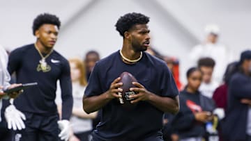 Apr 4, 2025; Boulder, CO, USA; Colorado Buffaloes quarterback Shedeur Sanders (2) passes the ball at the University of Colorado NFL Showcase at the CU Indoor Practice Facility. Mandatory Credit: Michael Ciaglo-Imagn Images